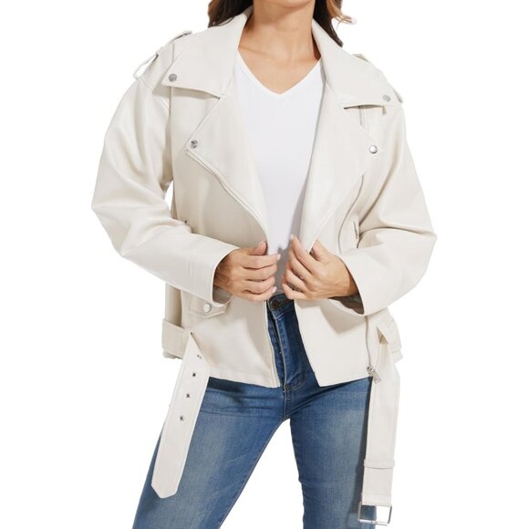 ✨ Women's White Leather Jackets Faux Biker Coat Short Lightweight Vegan Jacket